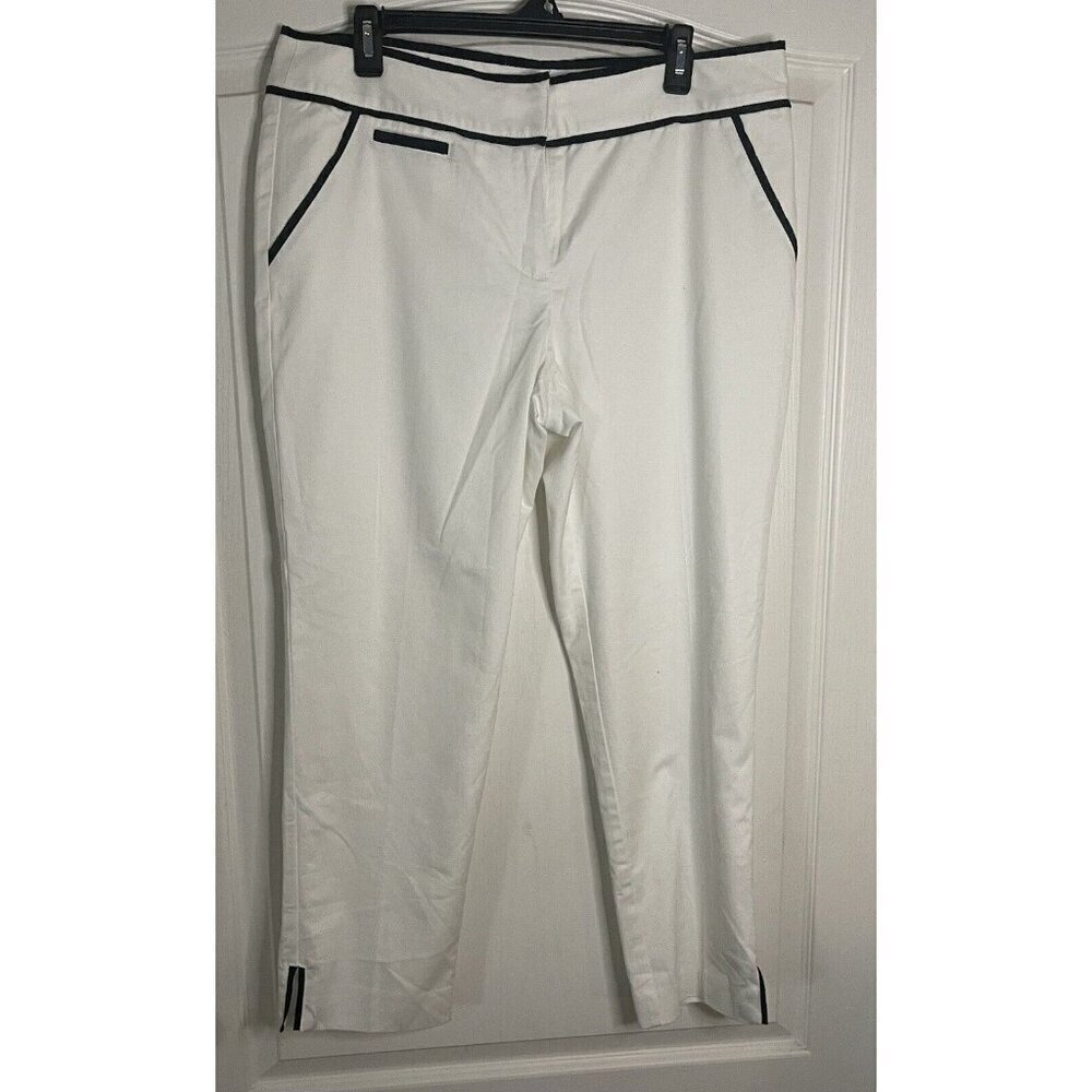 Cache White Lined Cropped Pants Blue Trim size 12 NWT